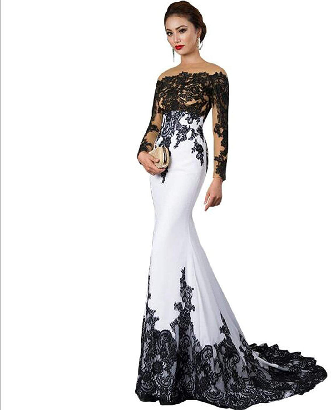 Women’s White Off-the-Shoulder Mermaid Evening Dress with Black Lace and Tail  Sizes 2-18 - Wazzi's Wear