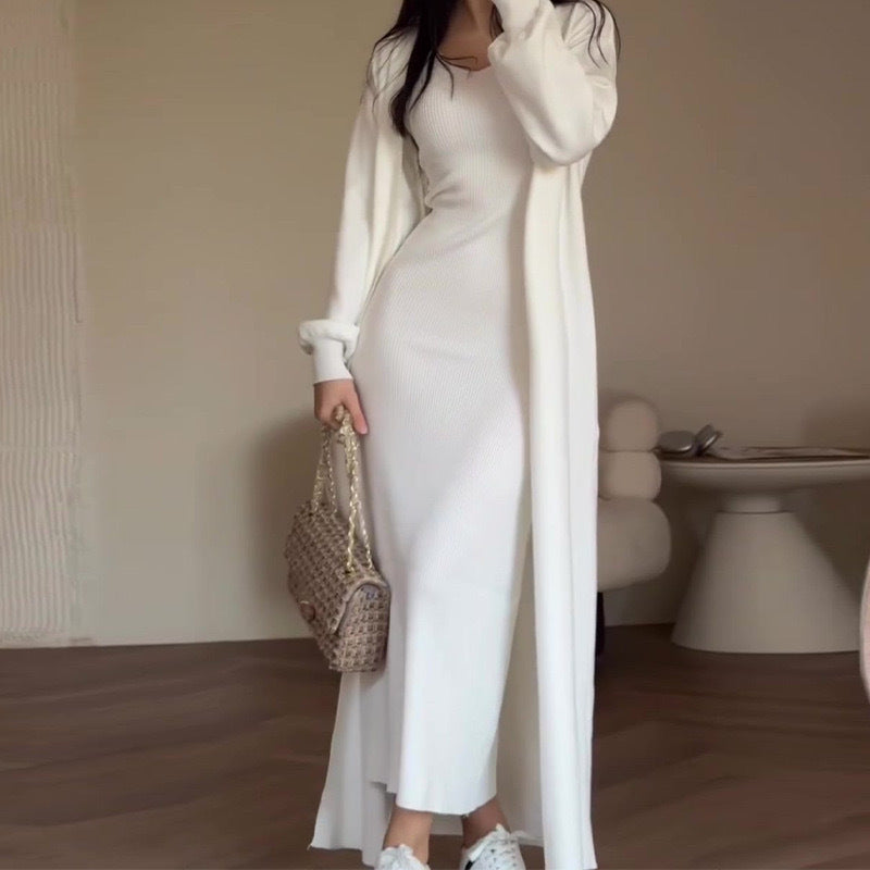 V-neck Elegant Knitted Straight Long Dress Two-piece Set