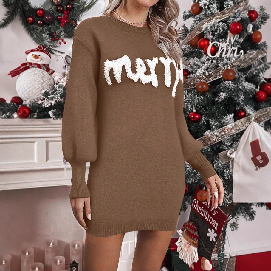 Women's Knitted Round Neck Lantern Sleeve Pullover Sheath Dress