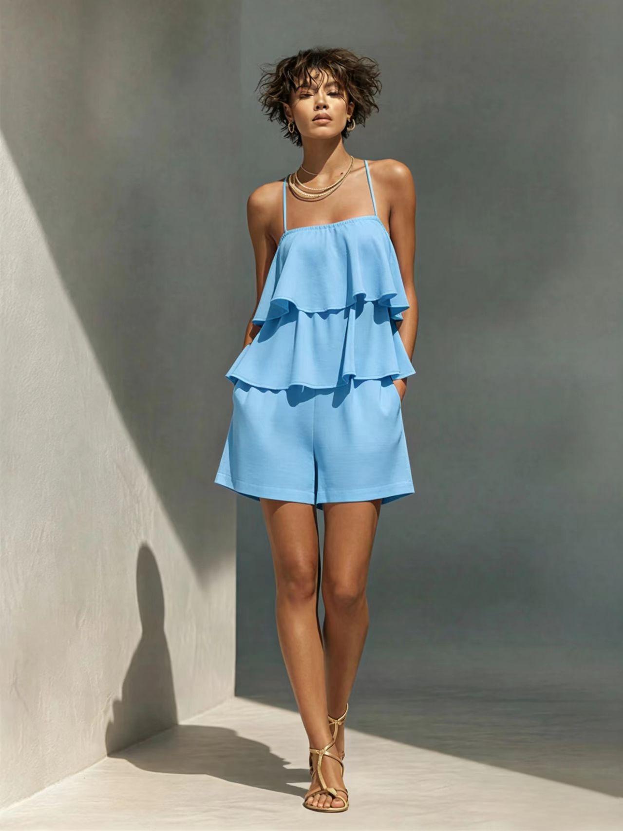 Multi-layer Ruffle Loose Camisole And Shorts Set