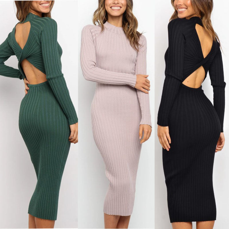 Women's Ribbed Backless Sweater Dress with Long Sleeves in 3 Colors S-XL - Wazzi's Wear