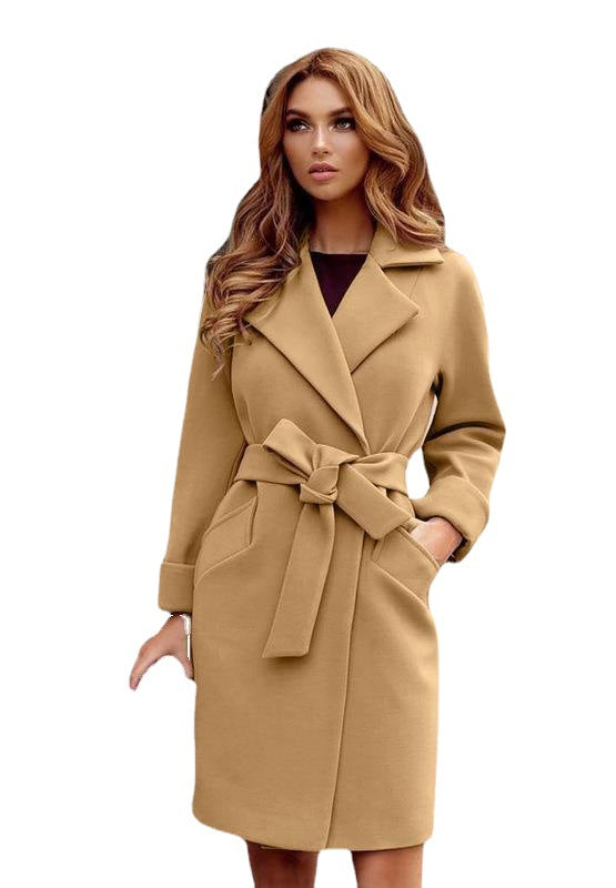 Women's Long Sleeve Woolen Coat with Waist Tie and Pockets in 7 Colors S-XXL - Wazzi's Wear