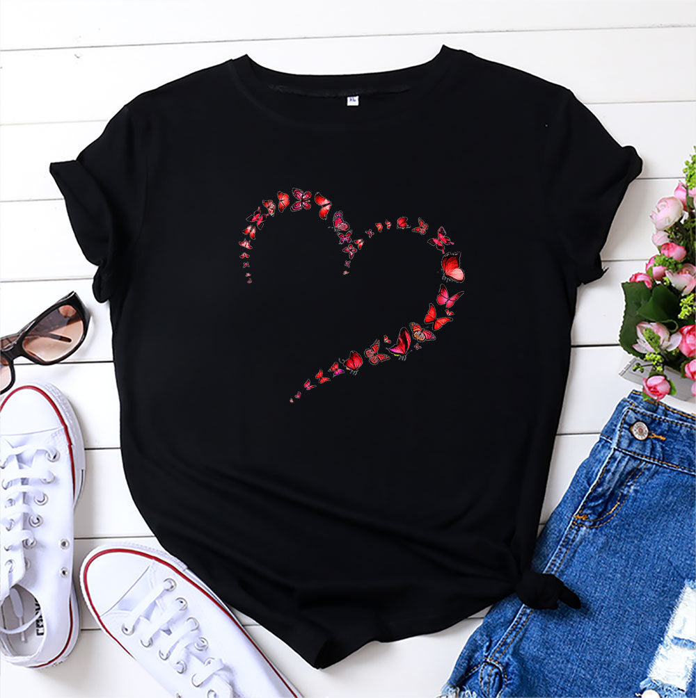 Top feminino de manga curta Heart Butterfly em 12 cores S-4XL