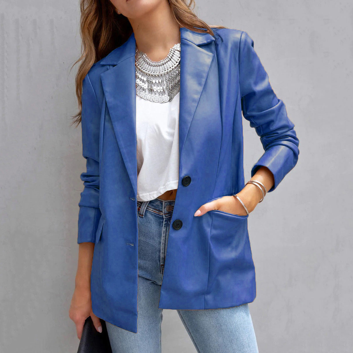 Women’s Long Sleeve PU Leather Cardigan Coat with Pockets in 6 Colors S-XXL - Wazzi's Wear