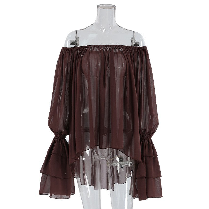 Sexy Dark Brown Off-shoulder Ruffle Top Women's Thin Long Sleeve Chiffon Shirt