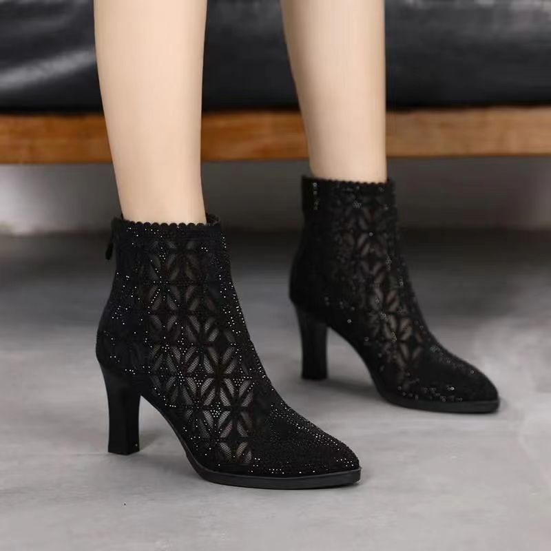 Women’s High Heel Ankle Boots with Mesh and Rhinestones in 2 Colors - Wazzi's Wear