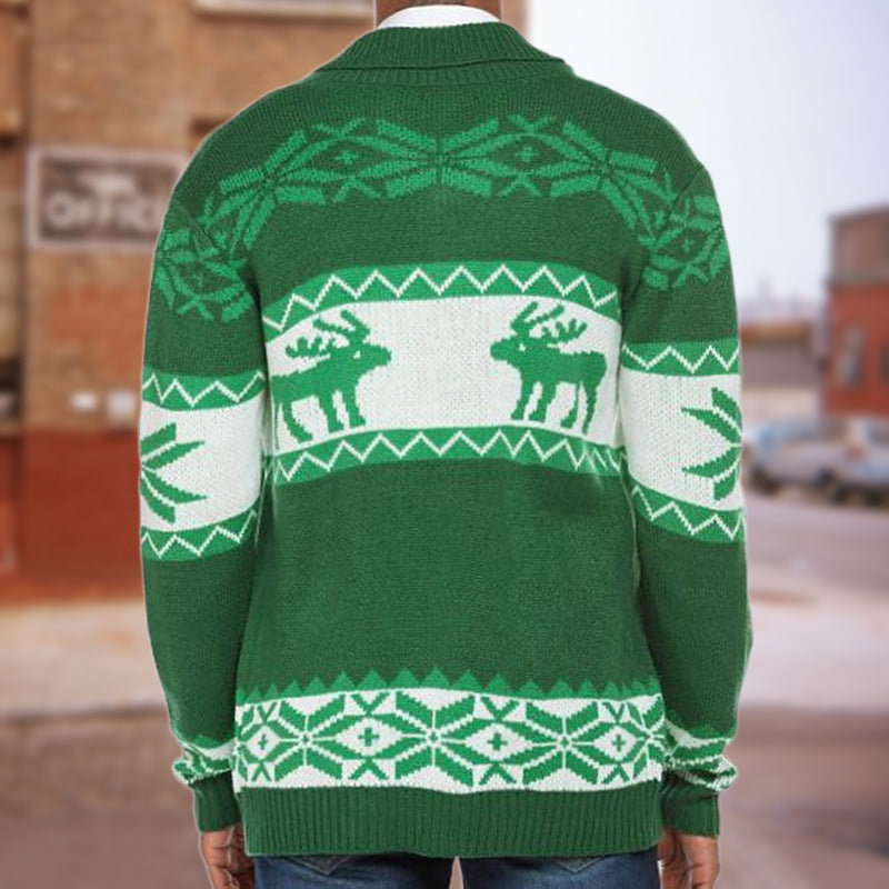 Green men's Christmas sweater with reindeer jacquard pattern and button cardigan style