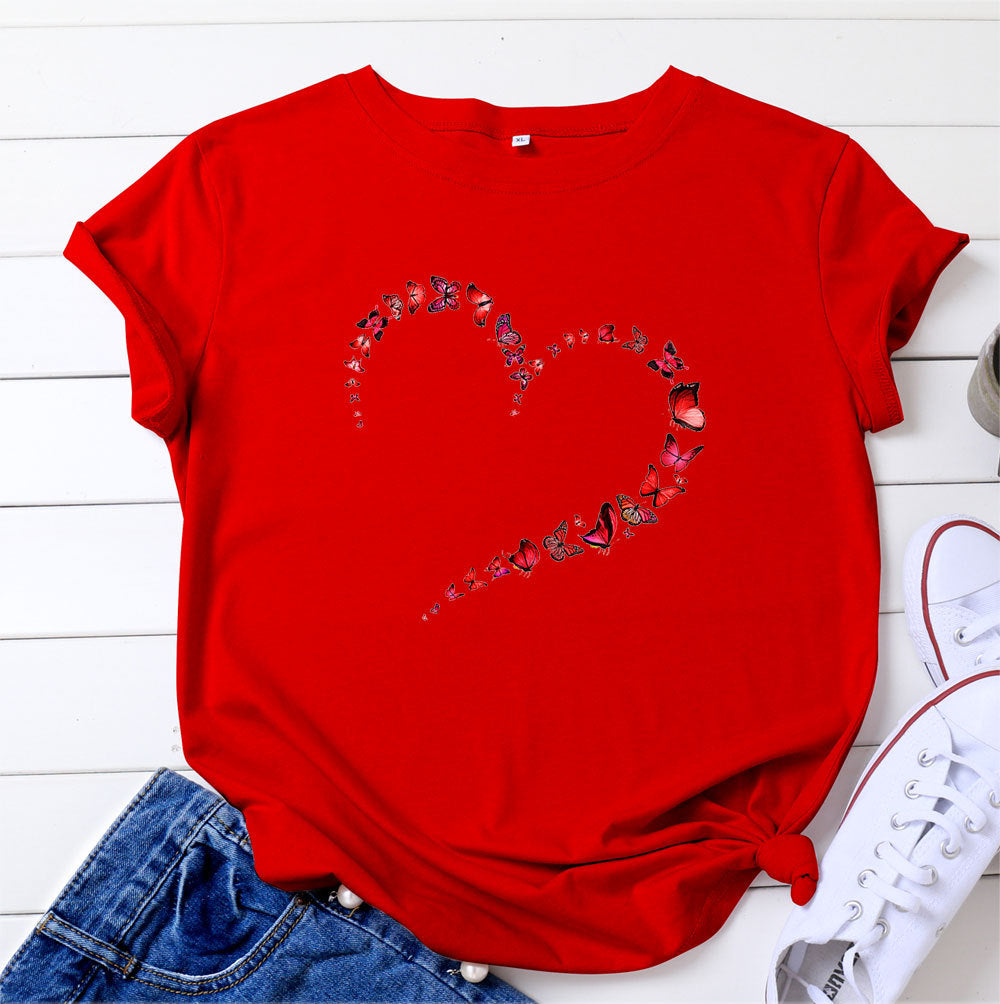 Top feminino de manga curta Heart Butterfly em 12 cores S-4XL