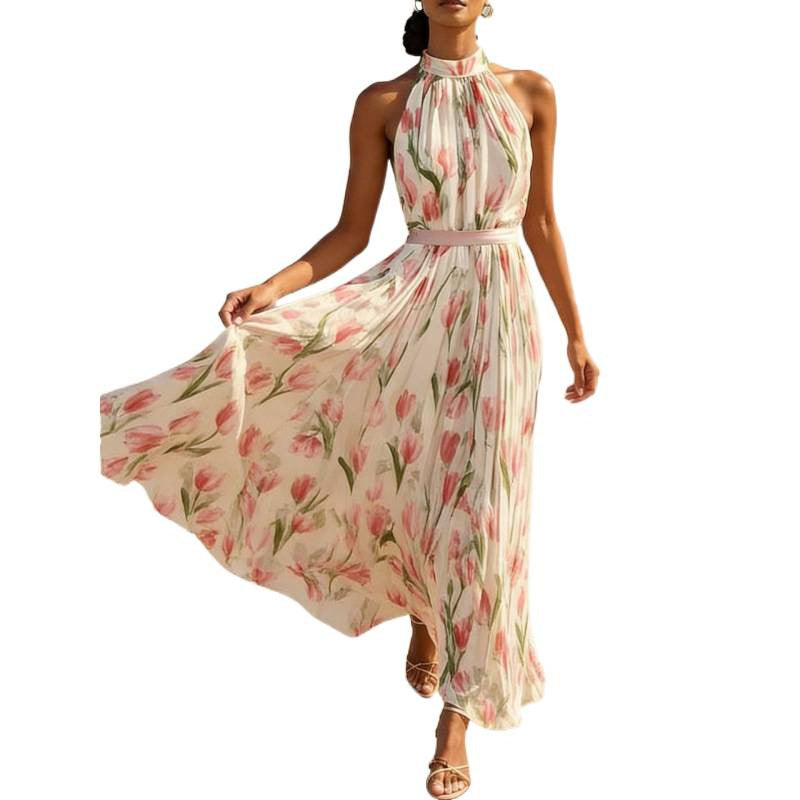 Womens Swing-Style Halterneck Printed Dress