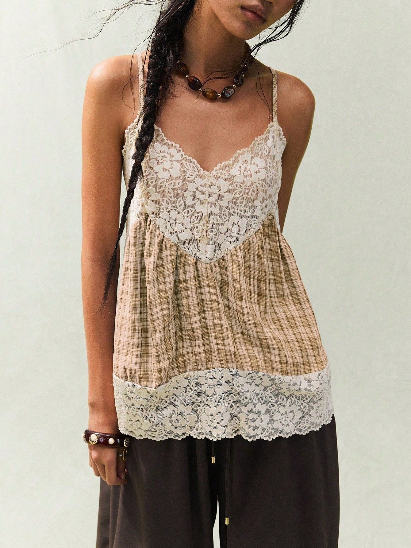 Retro Lace Patchwork Plaid Suspender Dress For Women