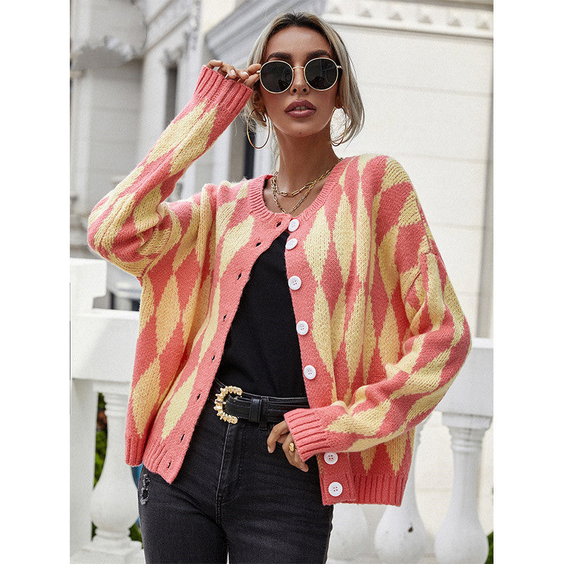Women's Sweater Women's Single-breasted Printed Round Neck Knitted Cardigan Jacket