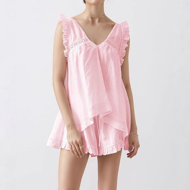 French-style Instagram Inspired New Sleeveless Hollow Out Backless Ruffled V Neck Pajama Set