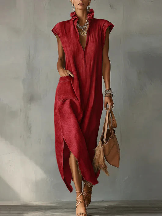 Women's Cotton-Linen Sleeveless Solid-Color Dress