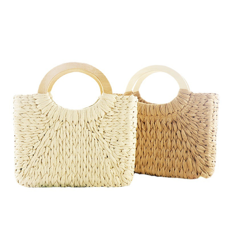 Sac de mode en paille avec poignée ronde en bois en 2 couleurs