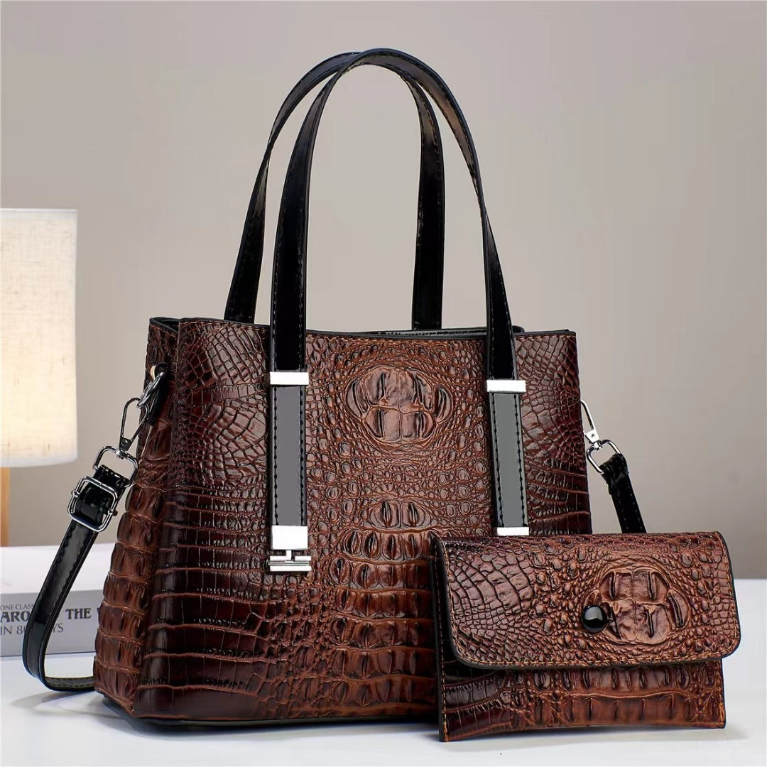 Women's Crocodile Print Shoulder Bag with Matching Clutch Set