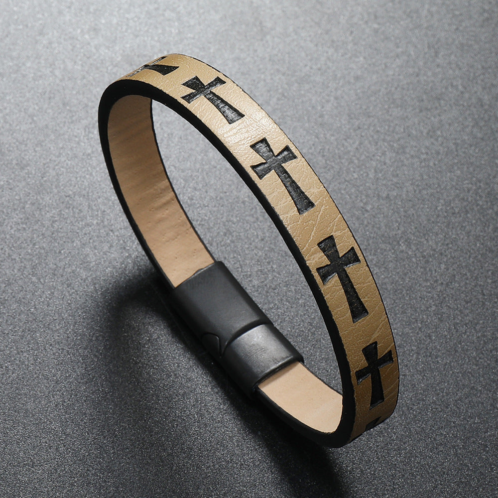 Leather Bracelet with Cross Print and Magnetic Buckle