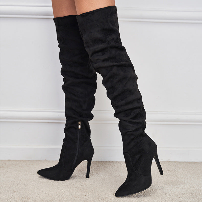 European And American Pointed Toe Suede High Zipper Stiletto Heel Boots