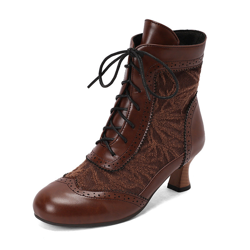 34-50 Plus-Size Autumn Winter Lace Patchwork Colorblock Lace-Up Boots