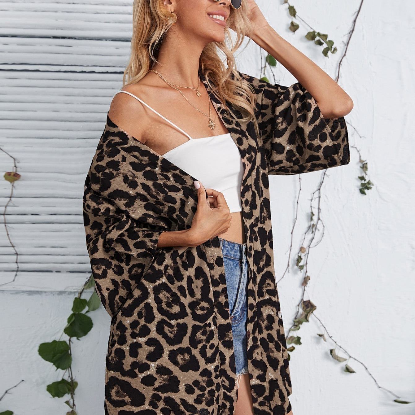 Sheer Leopard-Print Womens Casual Cardigan Coat