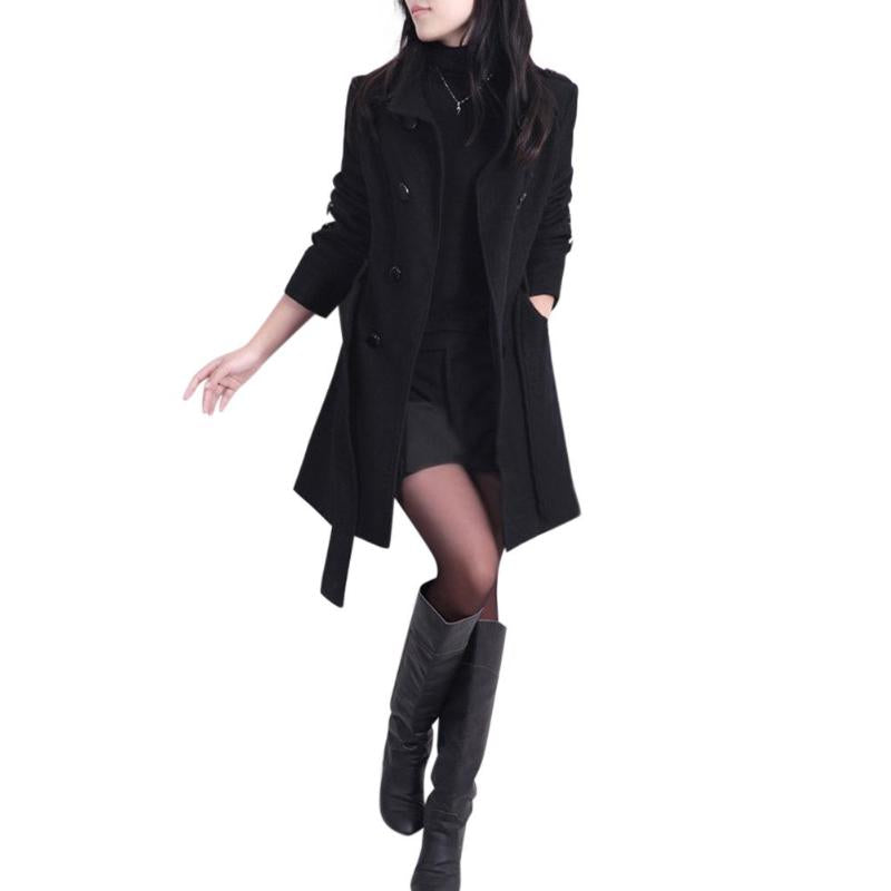 Women’s Woolen Long Sleeve Coat with Waist Tie in 2 Colors M-5XL - Wazzi's Wear