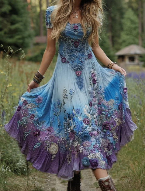 Gradient Lavender Floral Print Linen Maxi Dress