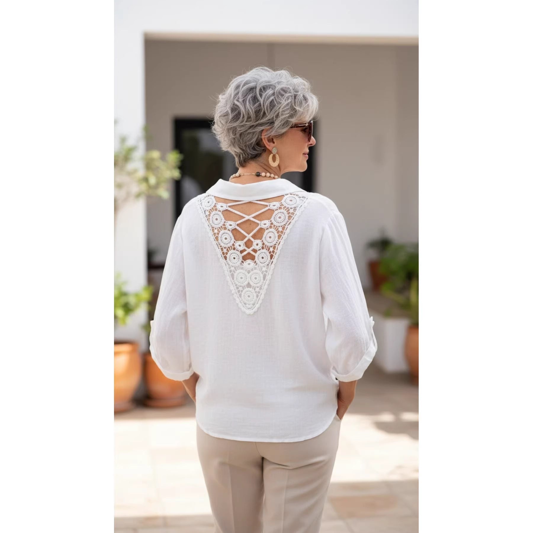 Solid-color Buttoned V-neck Casual Versatile Lace-up Shirt