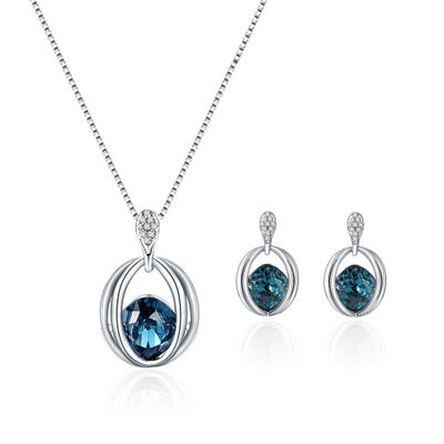Women’s Silver Necklace and Matching Earring Set with Gemstones - Wazzi's Wear