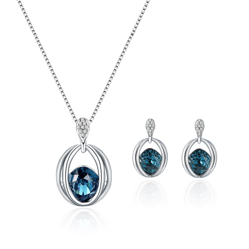 Women’s Silver Necklace and Matching Earring Set with Gemstones - Wazzi's Wear