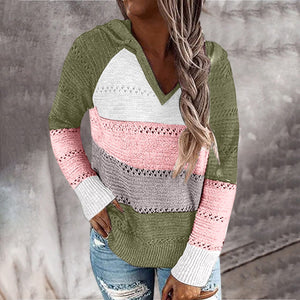 Women’s Striped Long Sleeve Hooded Sweater in 11 Colors S-5XL - Wazzi's Wear