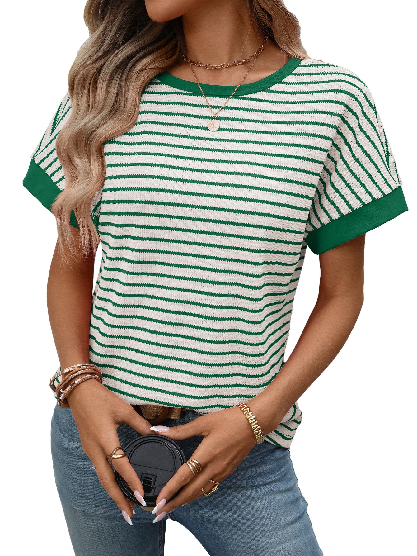 Casual Crew-Neck Patchwork Short-Sleeve T-Shirt