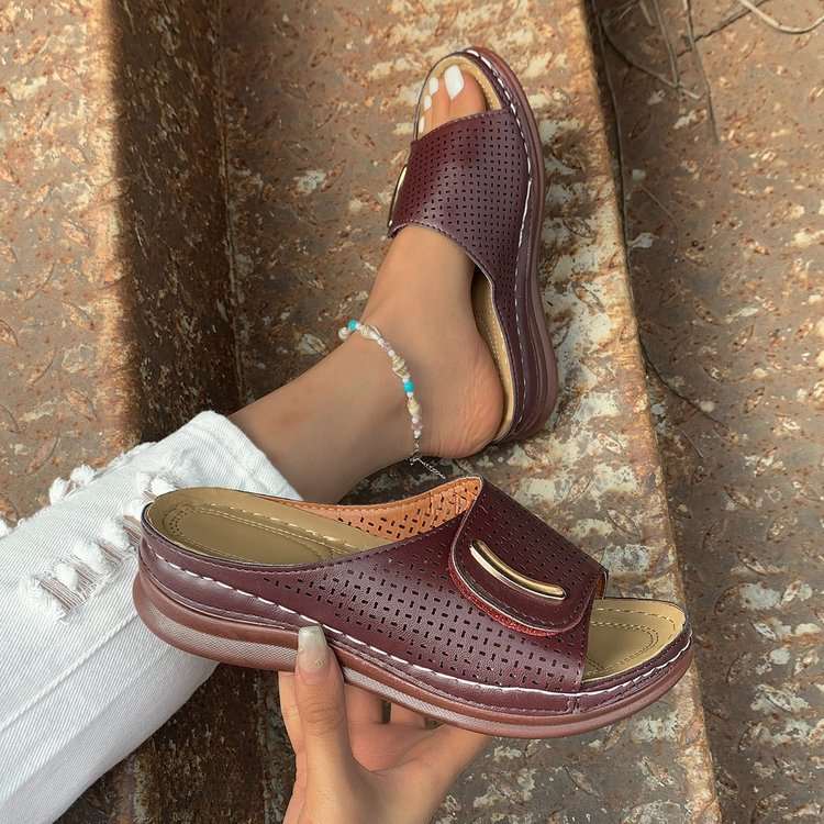 Women’s Round Toe Slip-On Sandals with Short Wedge Heel