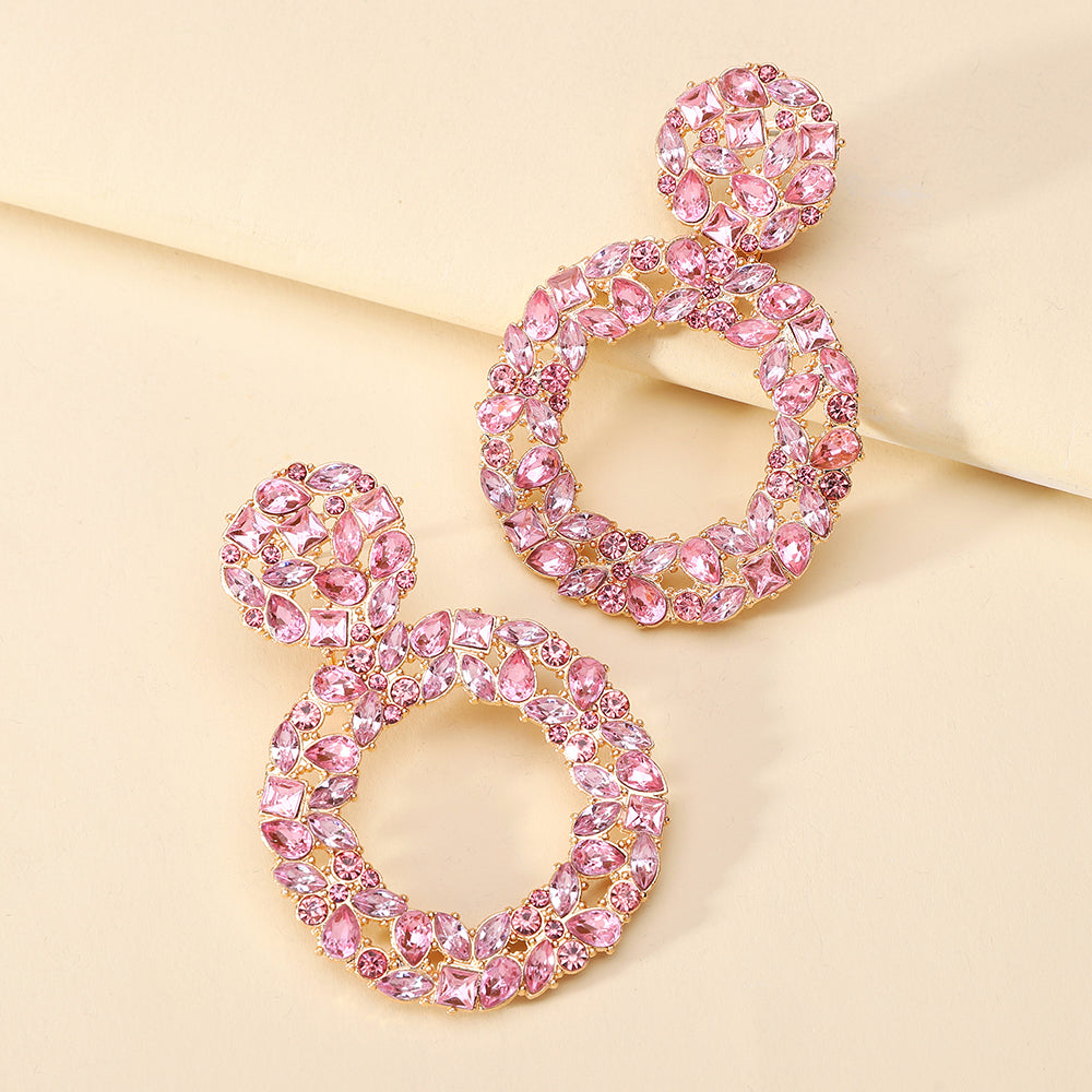 Luxury Elegant Two Tier Full Rhinestone Hollow Circle Statement Dangle Earrings For Women Party Prom Wedding Evening Daily Wear