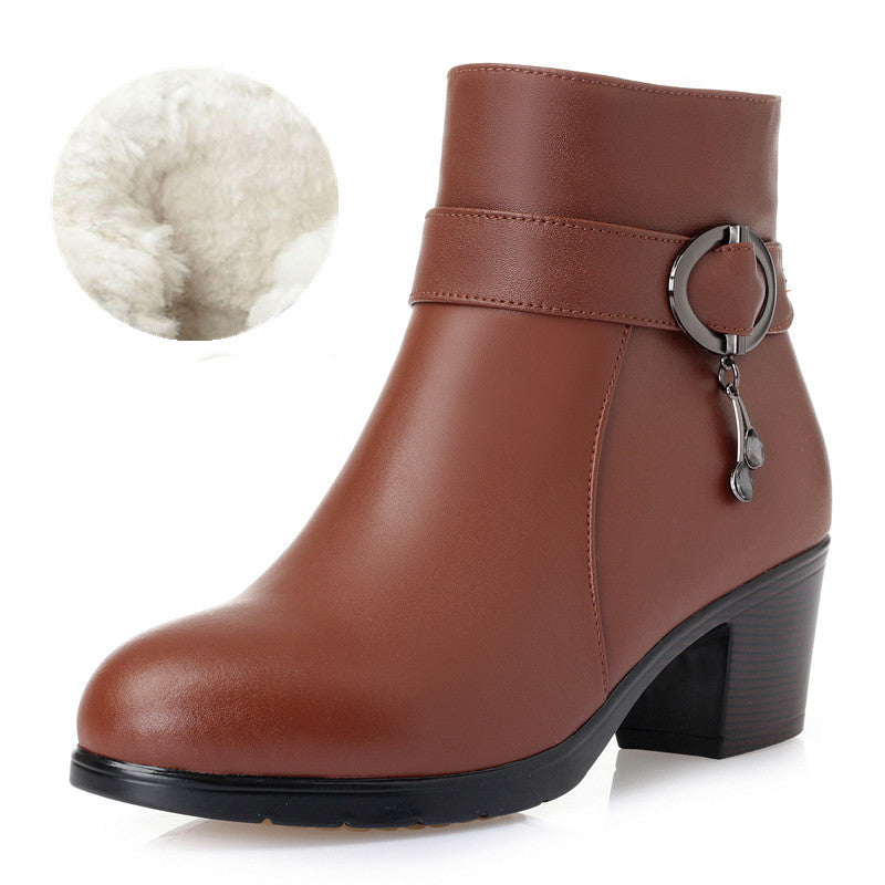 Women’s Wool Lined Leather Winter Boots with Thick Heel and Zipper in 3 Colors - Wazzi's Wear