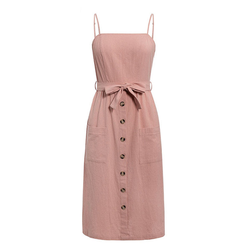 Summer solid color button cotton strap bow A-line dress