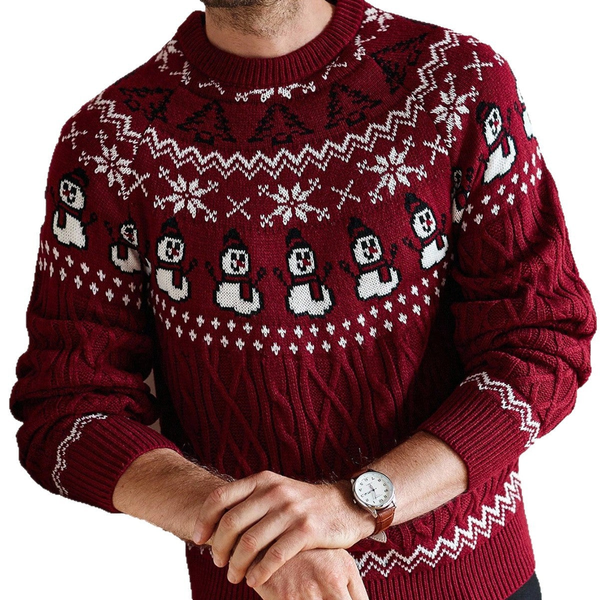Christmas Retro Round-neck red cable knit sweater with penguin design and long sleeves