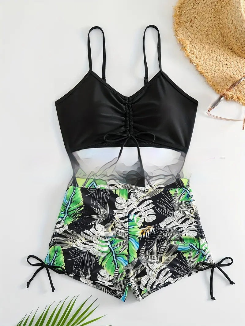 Bikini deux pièces imprimé tropical pour femme avec short en 4 couleurs S-2XL