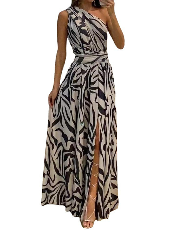 Women's One Shoulder Sleeveless Printed Maxi Dress in 3 Colors S-XXL - Wazzi's Wear