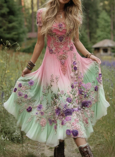 Gradient Lavender Floral Print Linen Maxi Dress