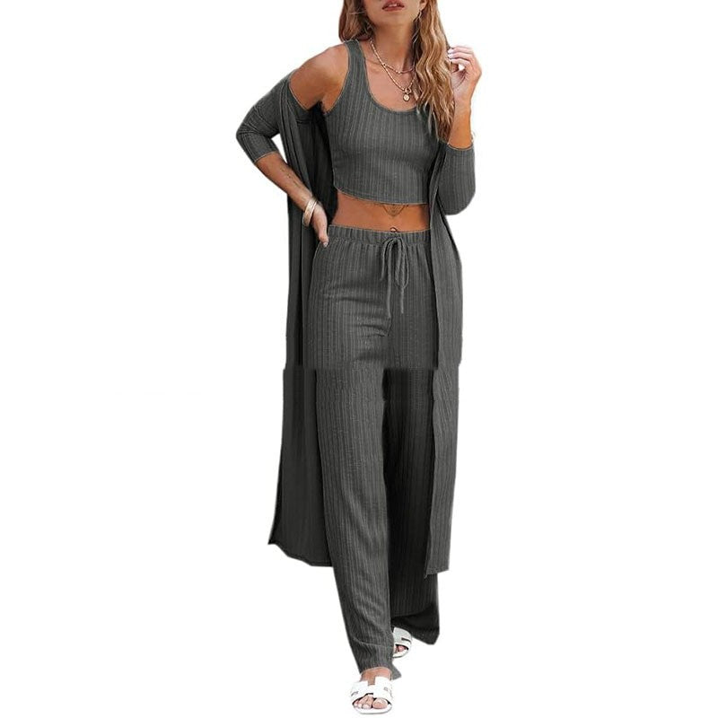 Vest Pants And Robe Three-piece Womens Loungewear Set