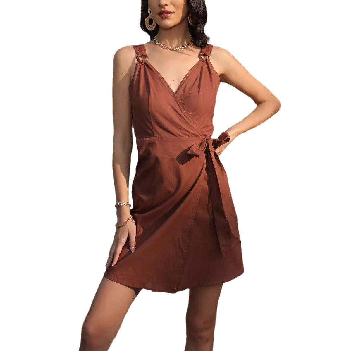 Pleated Sling Waist Belt Dress Women