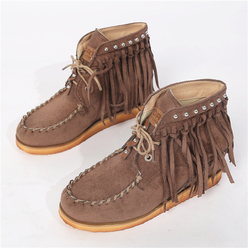 Women’s Suede Lace-Up Moccasins with Fringe and Thick Sole in 3 Colors - Wazzi's Wear