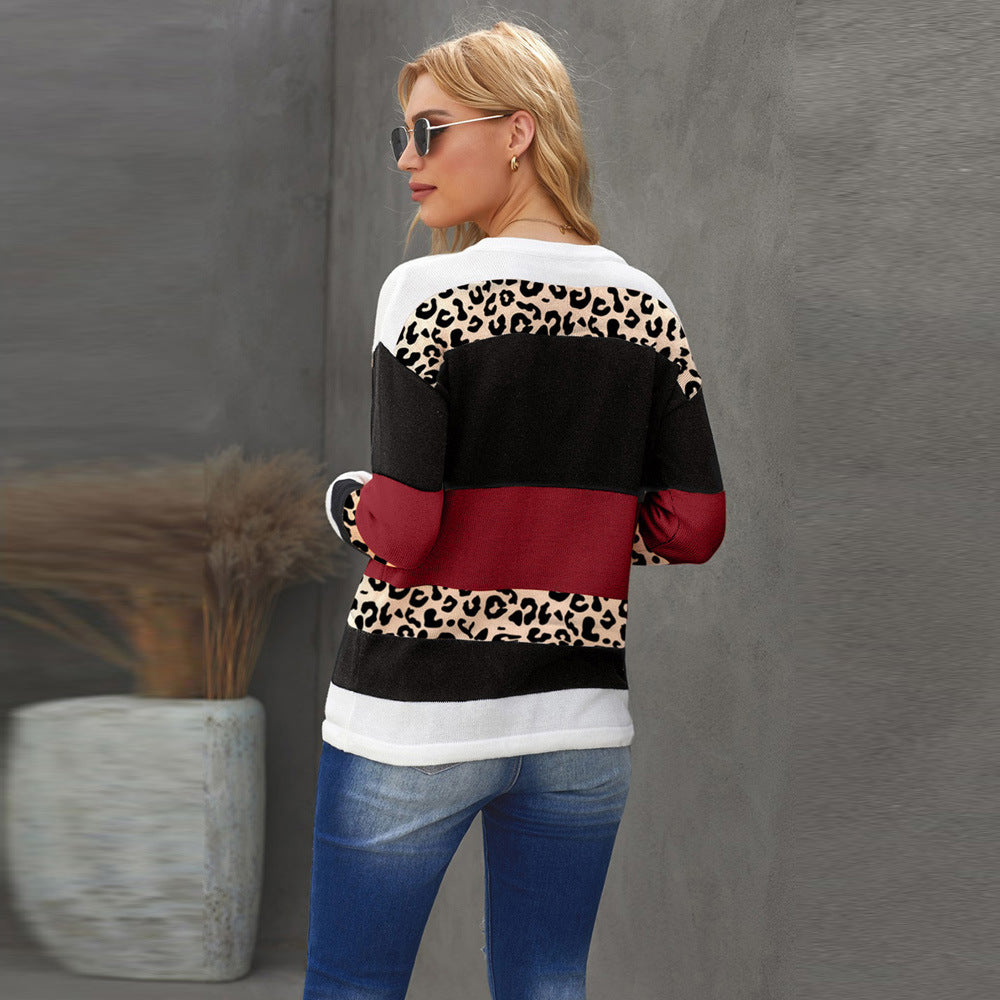 Women’s Leopard Print Colorblock Long Sleeve Sweater in 3 Colors Sizes 4-20 - Wazzi's Wear