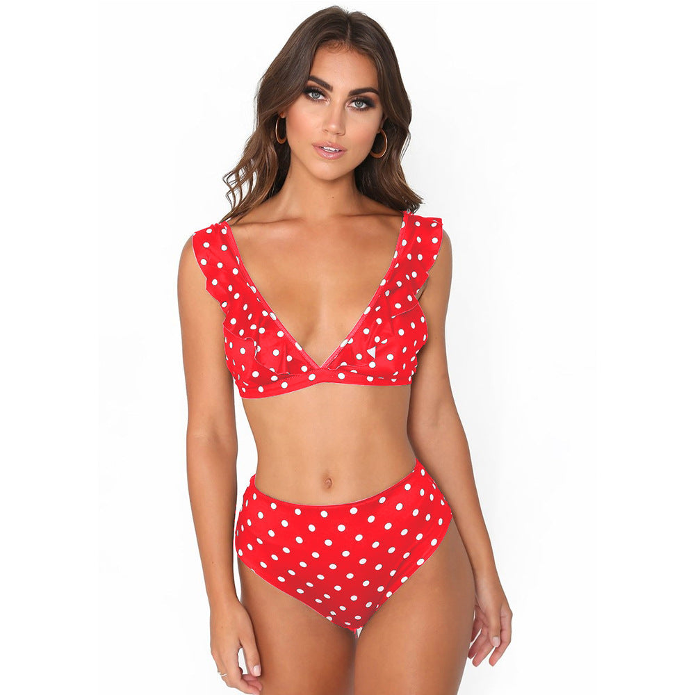 Women’s Polka Dot Ruffled V-Neck High Waist Bikini