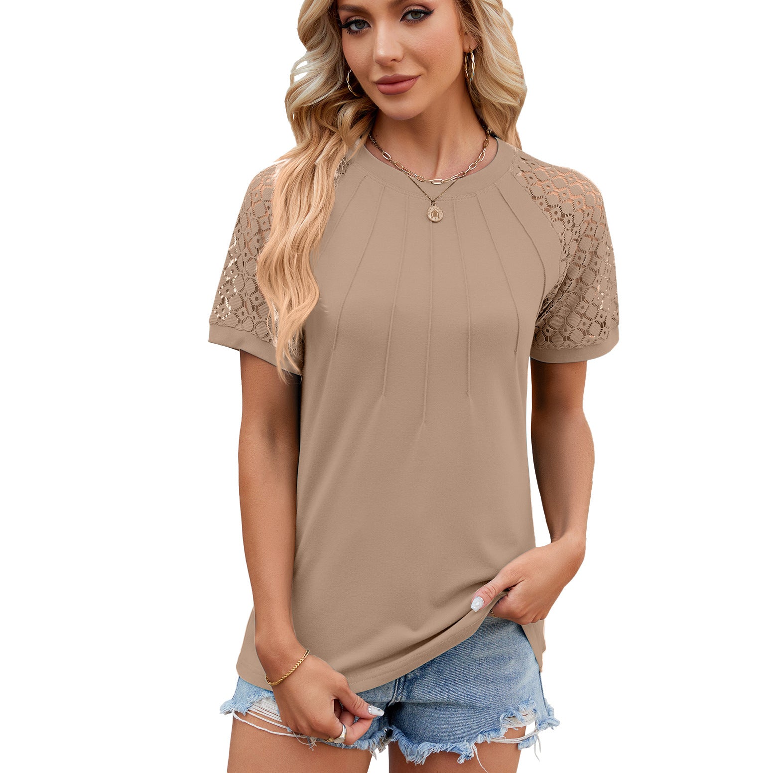 Women’s Round Neck Short Lace Sleeve Pleated Top in 8 Colors S-XXL