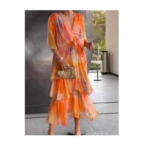 European And American Printing Layered Dress