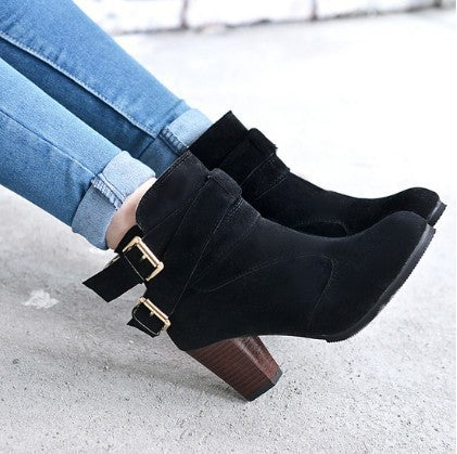 Women’s Suede Thick High Heel Ankle Boots with Buckles 