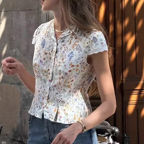 Women's Floral Print Lace-Patchwork V-Neck Shirt