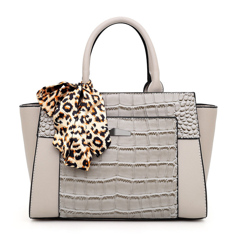 Women’s Crocodile Pattern Hand Shoulder Bag with Tied Leopard Silk Scarf in 9 Colors - Wazzi's Wear