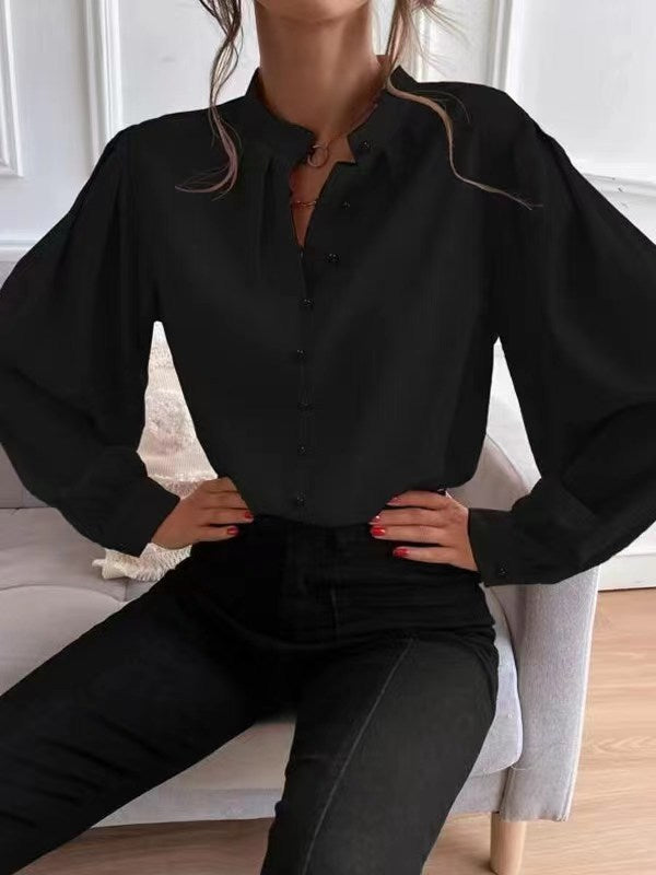 Women’s Mock Neck Long Sleeve Blouse with Pleated Collar