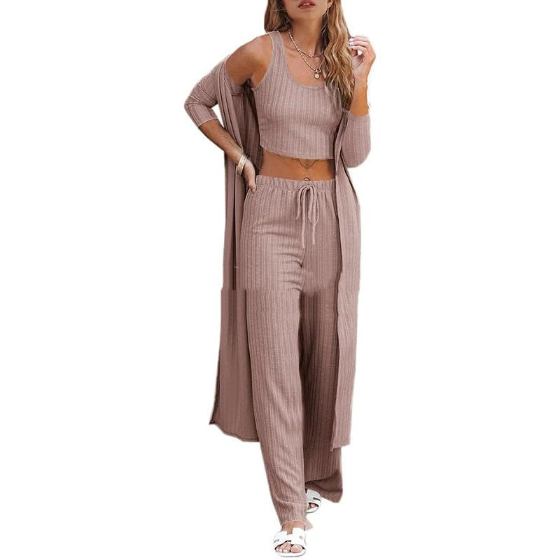 Vest Pants And Robe Three-piece Womens Loungewear Set
